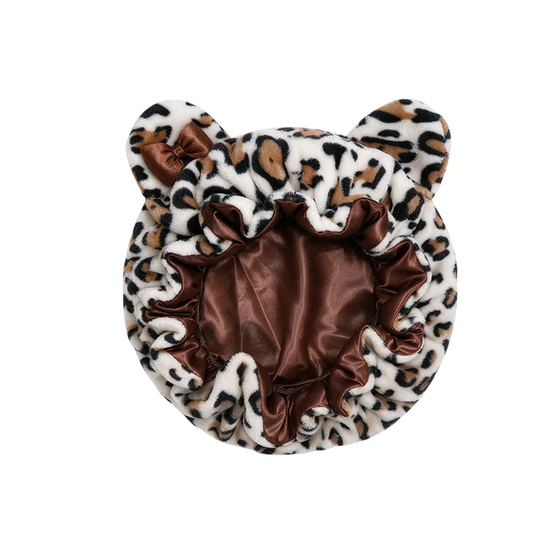 Cute Cat Ear Plush Satin Lined Hair Bonnet for Women Leopard Print Bow Sleep Cap Night Hat Curly Hair Protection Head Wrap