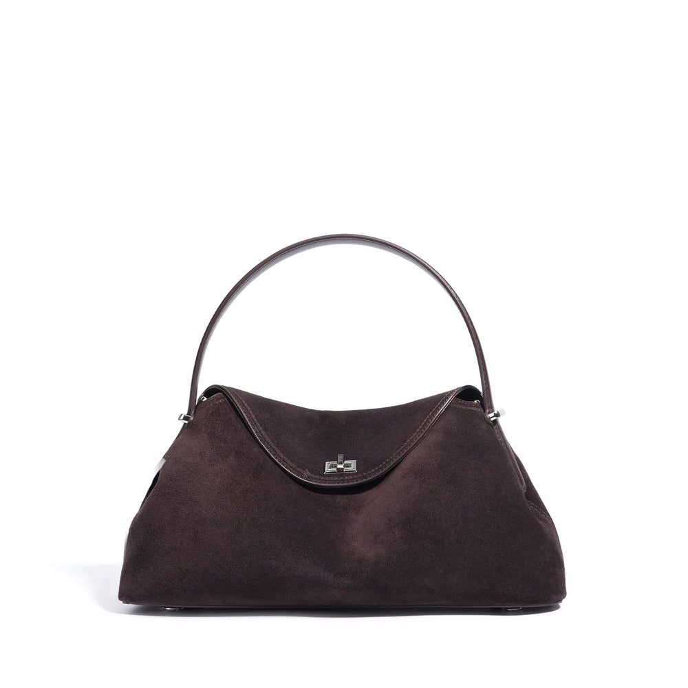 2026 Autumn Winter All-match Bowling Tote All-match Matte Suede Cowhide Leather Women Shoulder Bag Coffee Purple Noble Handbag