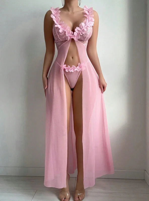 Women's Seduction Night 3D Floral Lace Lingerie Dress Nightgown Set + Thong, Intimate Apparel, Bedroom Attire Sleepwear Combo