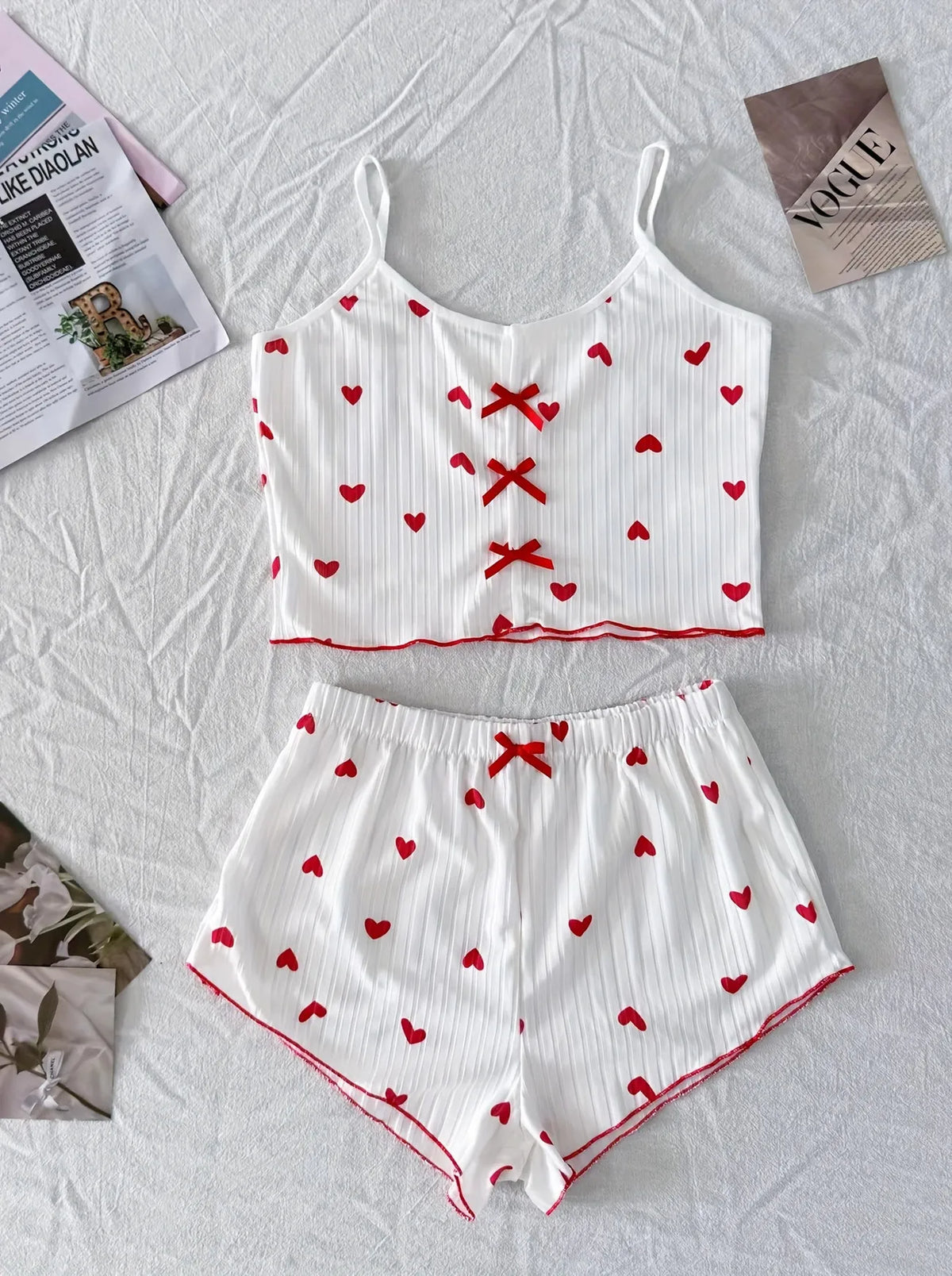 Women's Heart Print Ribbed Cami Pajama Set