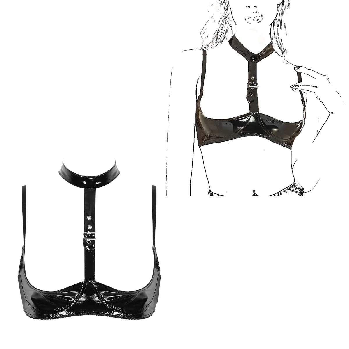 Women's Black Patent Leather Halter Lingerie Set