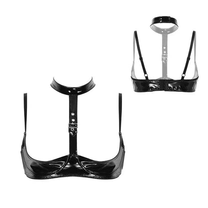 Women's Black Patent Leather Halter Lingerie Set