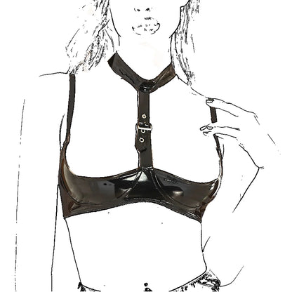 Women's Black Patent Leather Halter Lingerie Set