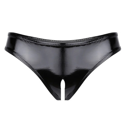 Women's Black Patent Leather Halter Lingerie Set