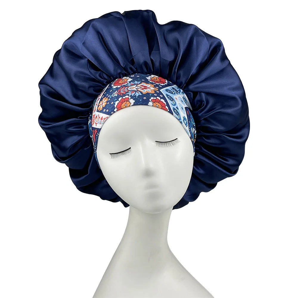 Women Satin Bonnet Floral Print Spandex Wide Stretchy Band Bonnet Satin Cheveux Nuit Silk Sleeping Night Cap Bonnets for Women