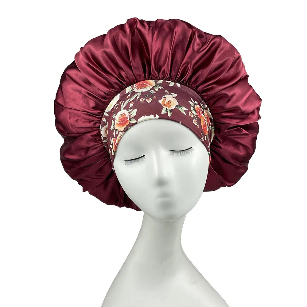 Women Satin Bonnet Floral Print Spandex Wide Stretchy Band Bonnet Satin Cheveux Nuit Silk Sleeping Night Cap Bonnets for Women