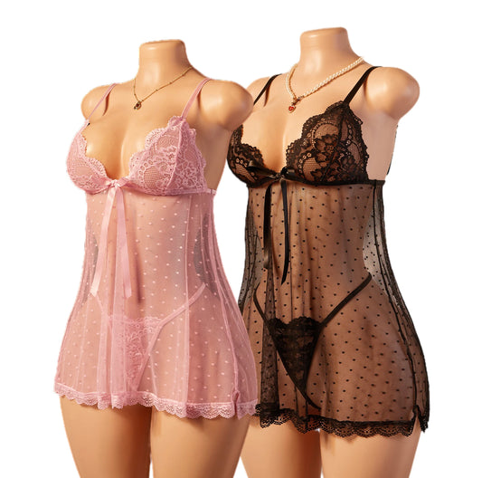 Sexy cute Lingerie Women Transparent Sleepwear dot sling Pajama Lace Nightdress And G-string set Valentine's special gift