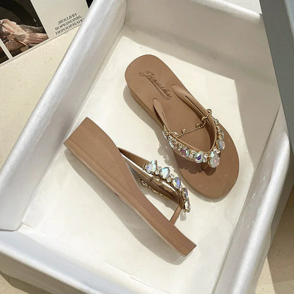 Flip Flops Women New High Heeled Slippers Women Diamond Slope Heel Slippers Elegant Fashion Beach Sandals Womens Sexy Shoes