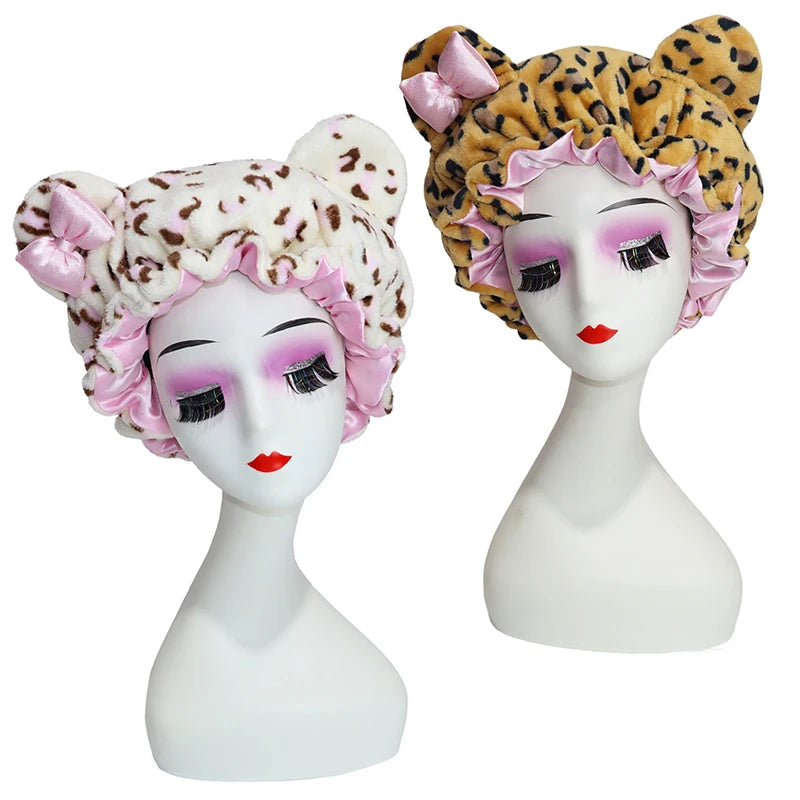 Cute Cat Ear Plush Satin Lined Hair Bonnet for Women Leopard Print Bow Sleep Cap Night Hat Curly Hair Protection Head Wrap