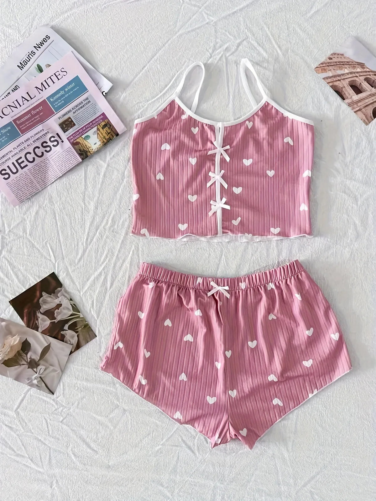 Women's Heart Print Ribbed Cami Pajama Set