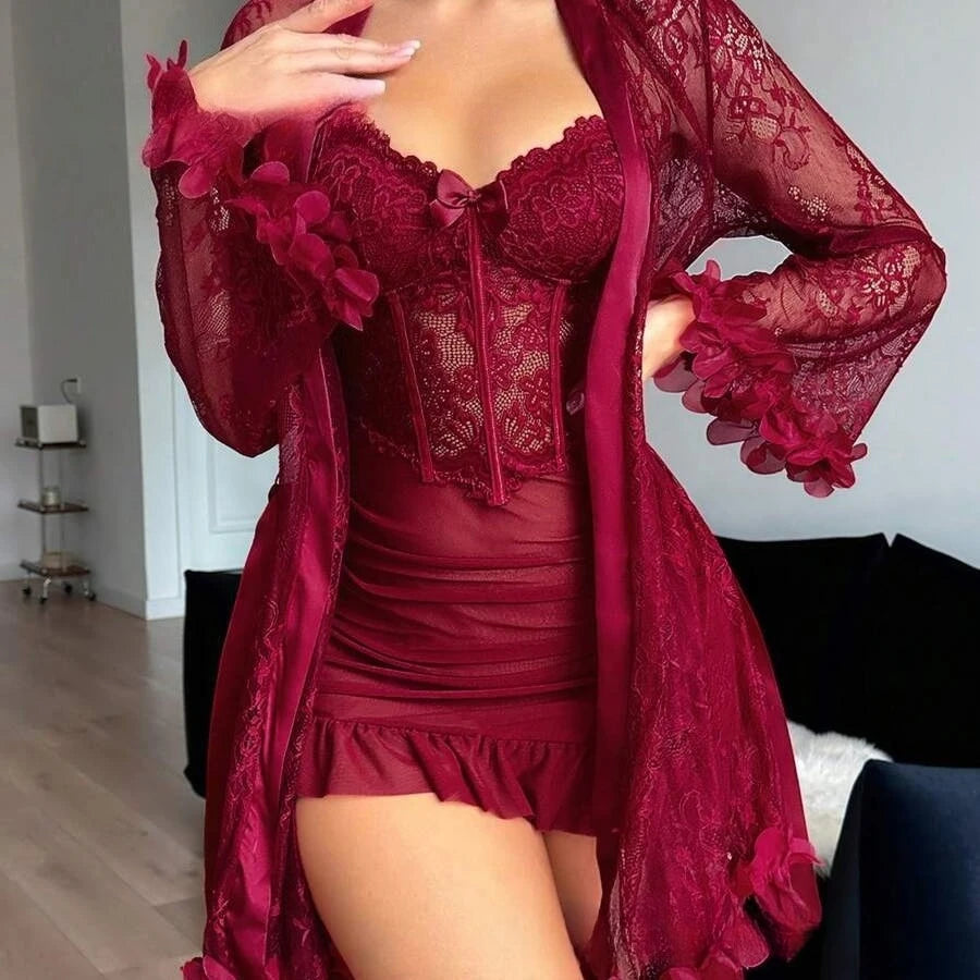 Women Floral Lace Robe and Cami Slip Set Elegant Nightgown Bridal Loungewear Pajama Set