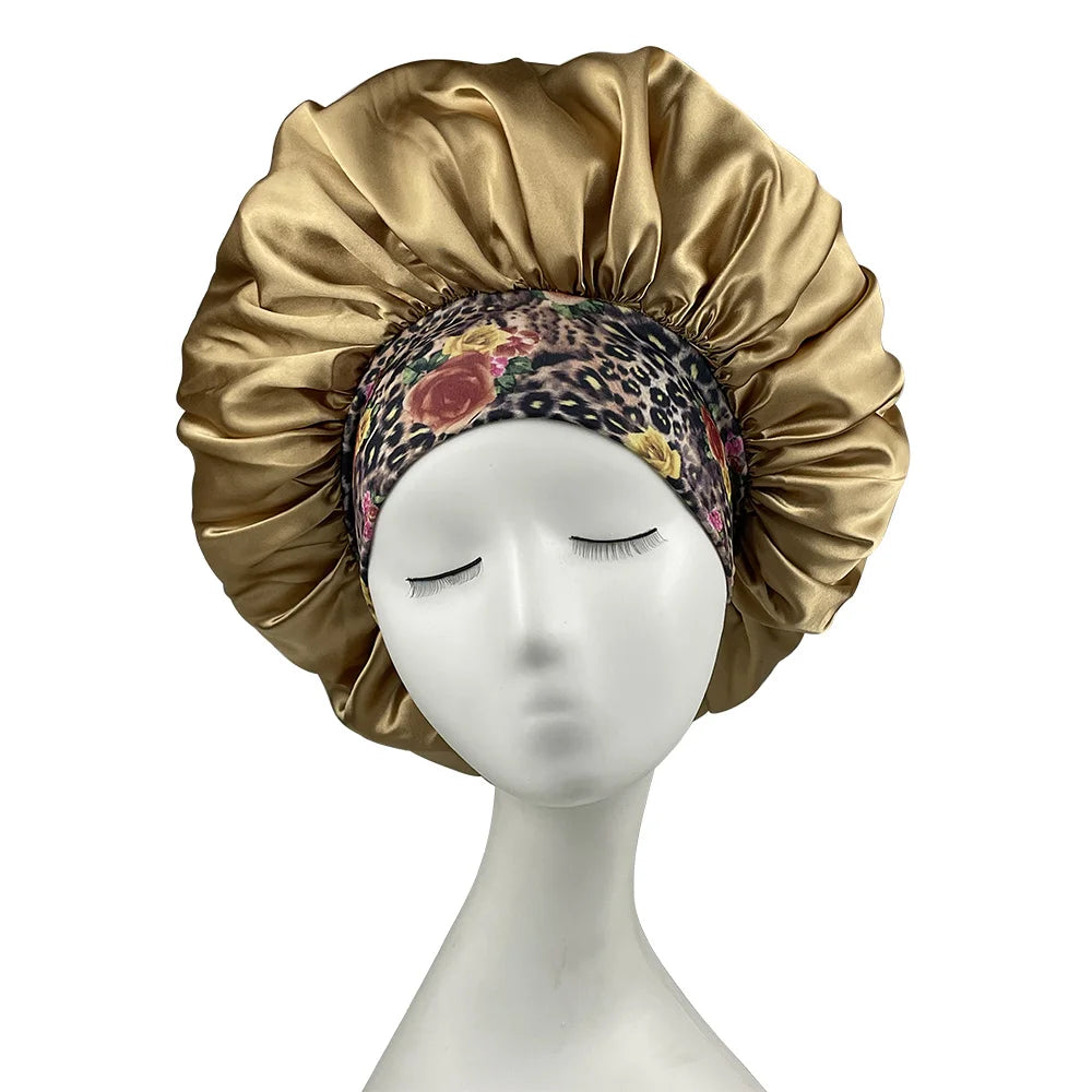Women Satin Bonnet Floral Print Spandex Wide Stretchy Band Bonnet Satin Cheveux Nuit Silk Sleeping Night Cap Bonnets for Women