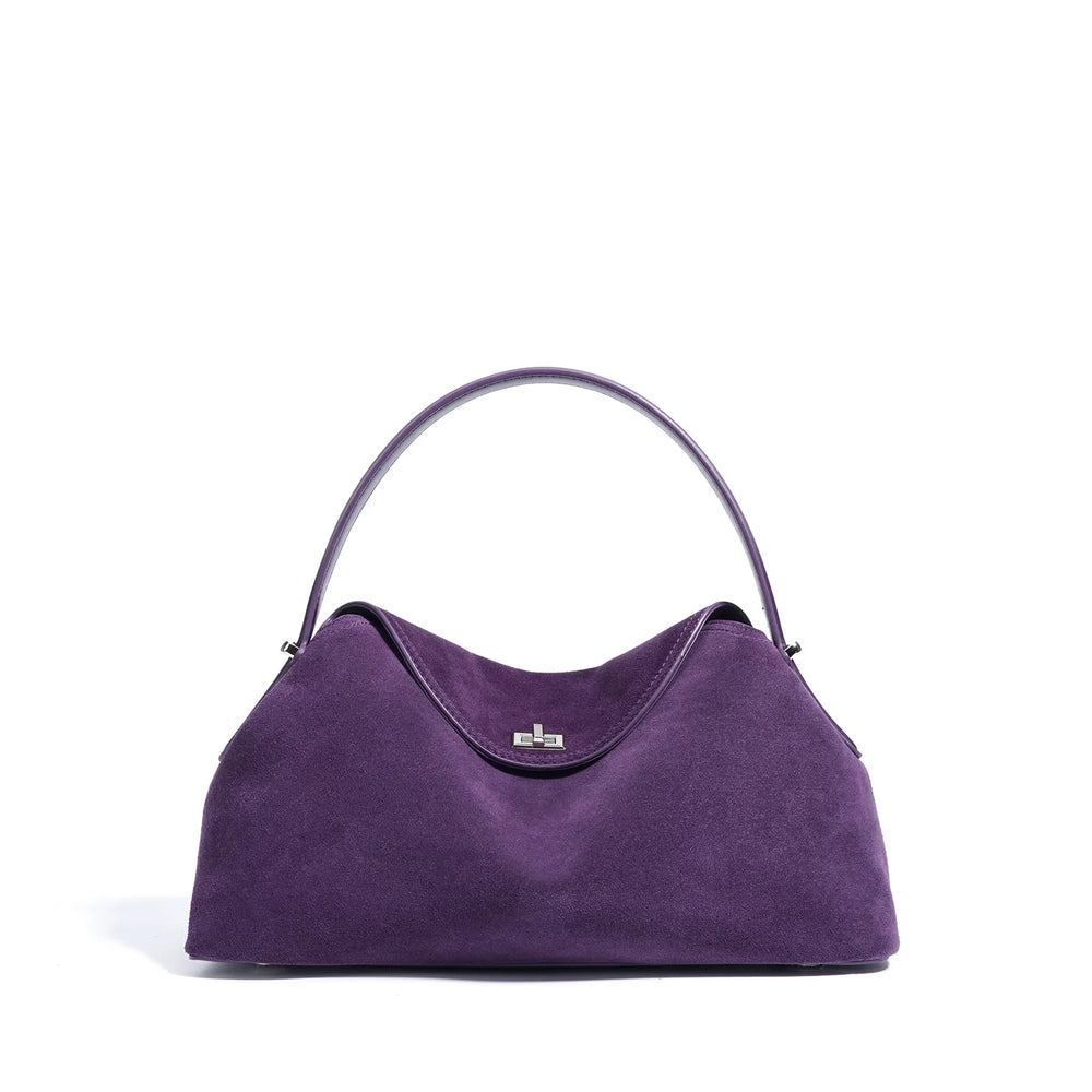 2026 Autumn Winter All-match Bowling Tote All-match Matte Suede Cowhide Leather Women Shoulder Bag Coffee Purple Noble Handbag