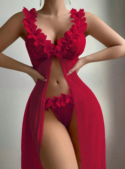 Women's Seduction Night 3D Floral Lace Lingerie Dress Nightgown Set + Thong, Intimate Apparel, Bedroom Attire Sleepwear Combo