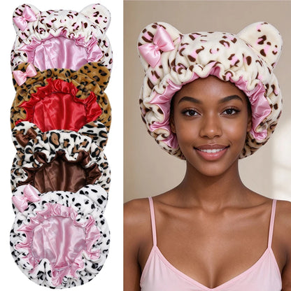 Cute Cat Ear Plush Satin Lined Hair Bonnet for Women Leopard Print Bow Sleep Cap Night Hat Curly Hair Protection Head Wrap