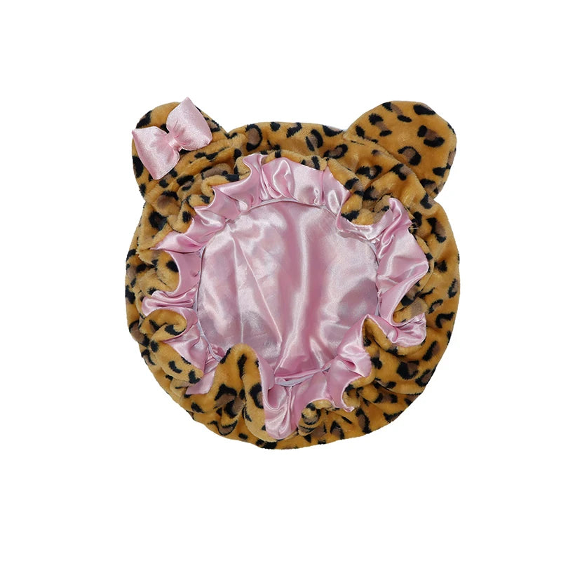 Cute Cat Ear Plush Satin Lined Hair Bonnet for Women Leopard Print Bow Sleep Cap Night Hat Curly Hair Protection Head Wrap