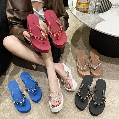 Flip Flops Women New High Heeled Slippers Women Diamond Slope Heel Slippers Elegant Fashion Beach Sandals Womens Sexy Shoes