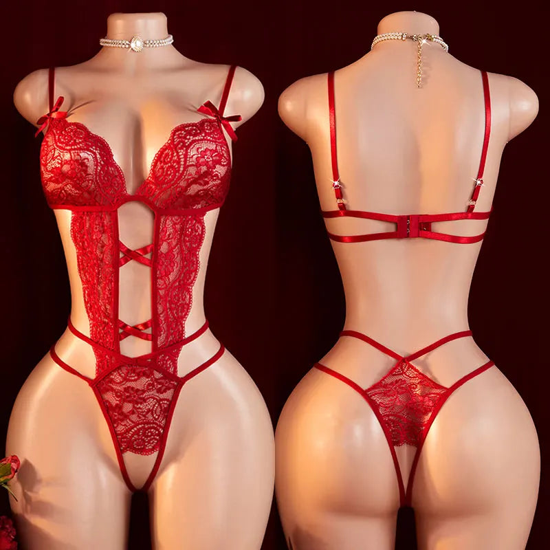 Women's Sheer Lace Deep V Teddy Bodysuit Lingerie