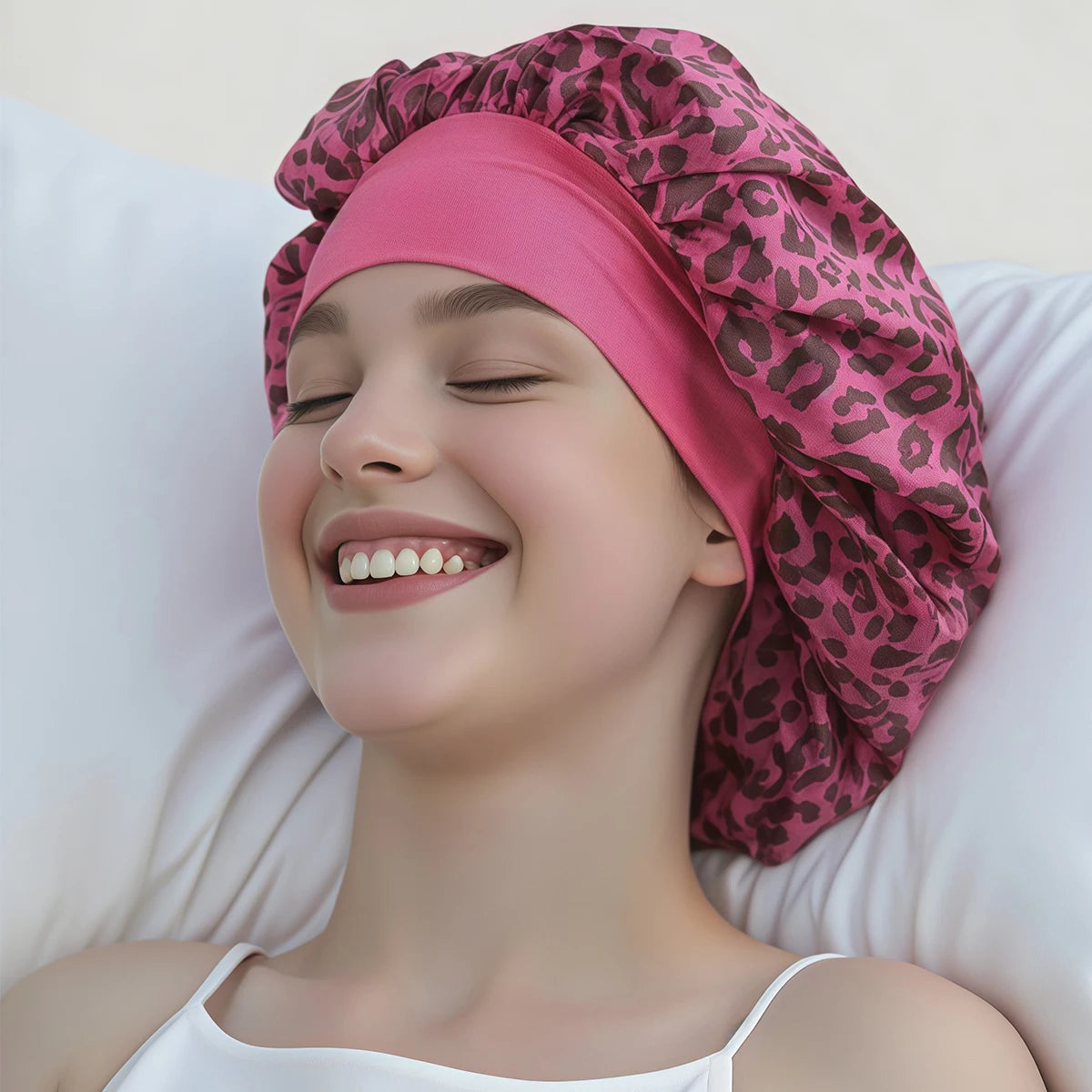 Unisex Pink Leopard Butterfly Sleep Cap Soft Comfortable Material Ideal for Students Couples Daily Sleep Makeup Festive Gift