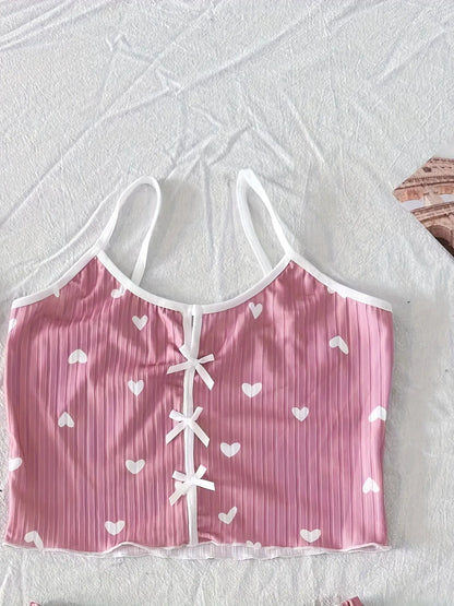 Women's Heart Print Ribbed Cami Pajama Set