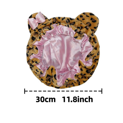 Cute Cat Ear Plush Satin Lined Hair Bonnet for Women Leopard Print Bow Sleep Cap Night Hat Curly Hair Protection Head Wrap
