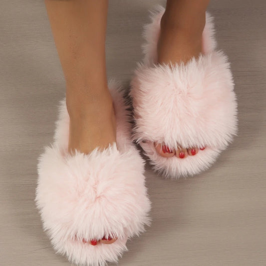 Women's Faux Fur Fluffy Slippers Autumn Winter Home Floor Shoes Soft EVA Sole Light Weight Fashion Slides
