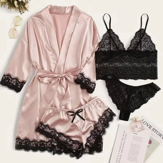 Women's Four-Piece Satin Lace Pajama Set