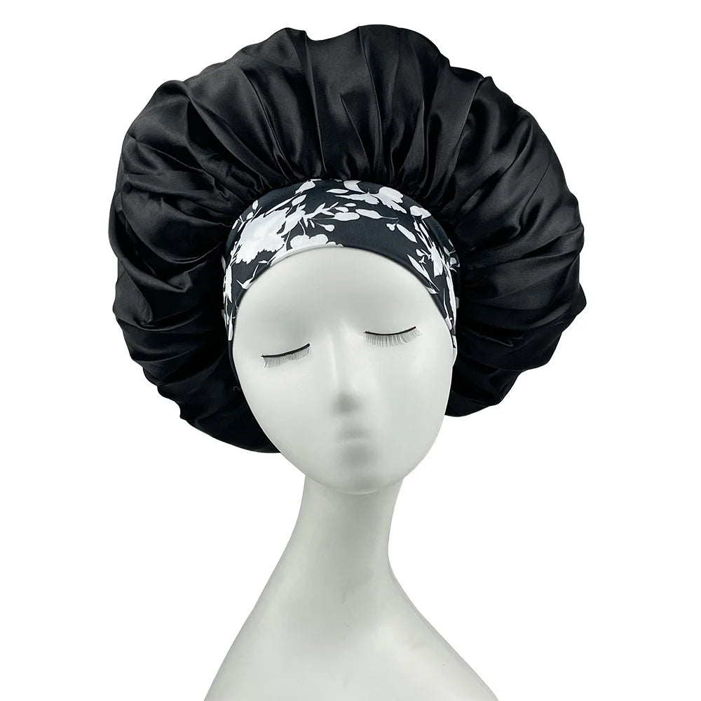 Women Satin Bonnet Floral Print Spandex Wide Stretchy Band Bonnet Satin Cheveux Nuit Silk Sleeping Night Cap Bonnets for Women