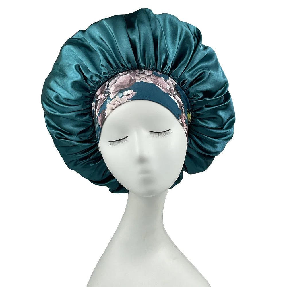 Women Satin Bonnet Floral Print Spandex Wide Stretchy Band Bonnet Satin Cheveux Nuit Silk Sleeping Night Cap Bonnets for Women