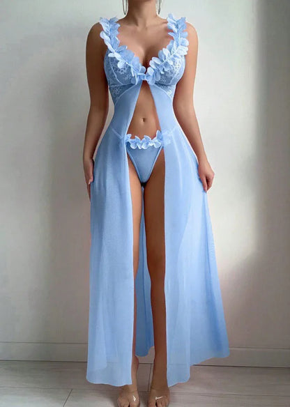 Women's Seduction Night 3D Floral Lace Lingerie Dress Nightgown Set + Thong, Intimate Apparel, Bedroom Attire Sleepwear Combo