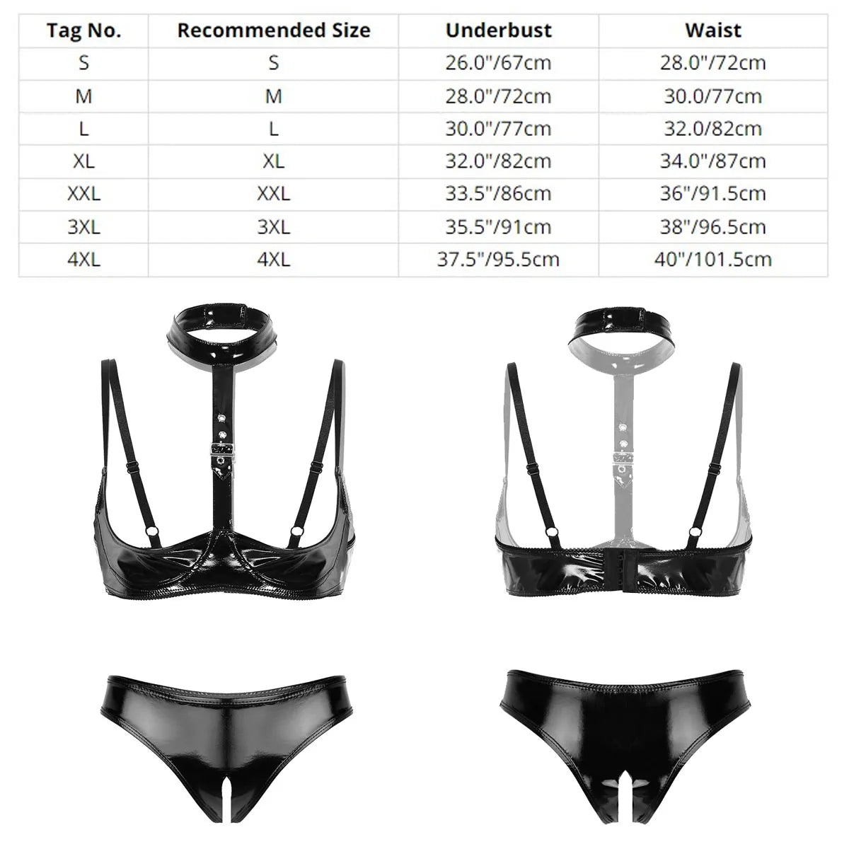 Women's Black Patent Leather Halter Lingerie Set