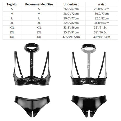 Women's Black Patent Leather Halter Lingerie Set