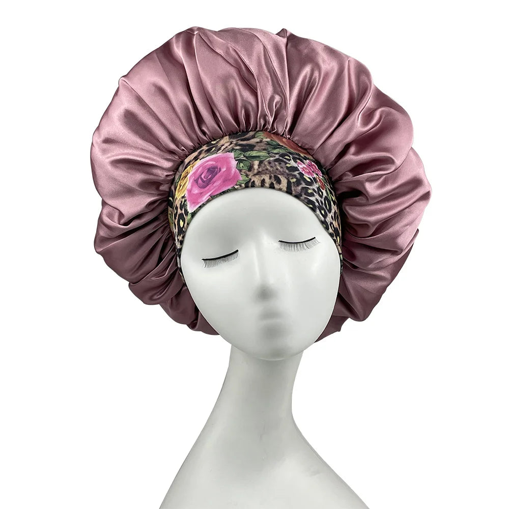 Women Satin Bonnet Floral Print Spandex Wide Stretchy Band Bonnet Satin Cheveux Nuit Silk Sleeping Night Cap Bonnets for Women