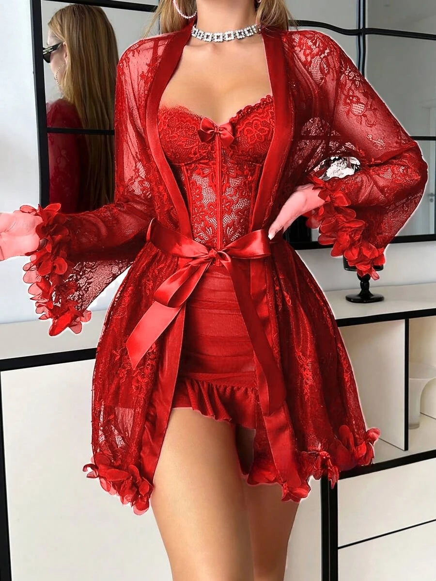 Women Floral Lace Robe and Cami Slip Set Elegant Nightgown Bridal Loungewear Pajama Set