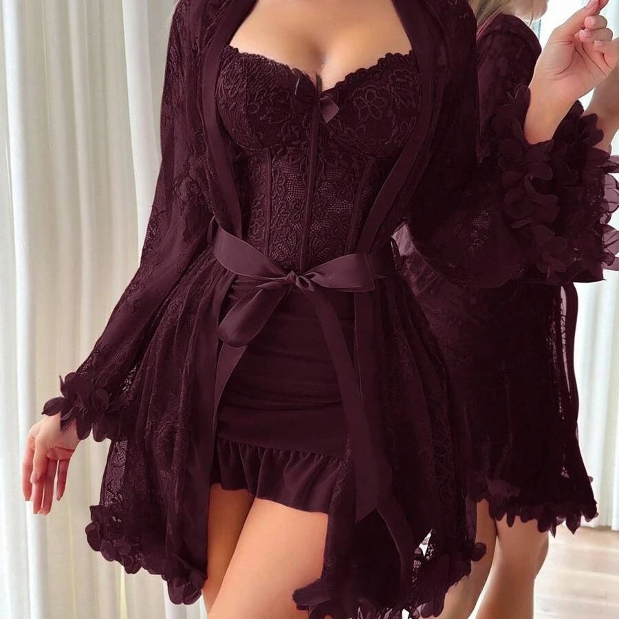 Women Floral Lace Robe and Cami Slip Set Elegant Nightgown Bridal Loungewear Pajama Set