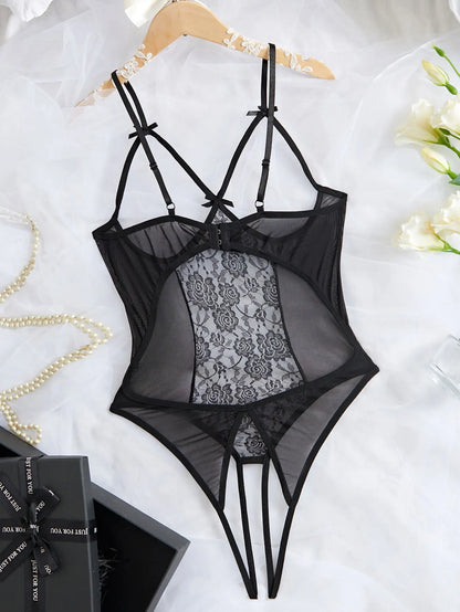 Women's Sheer Lace Mesh Teddy Bodysuit Lingerie