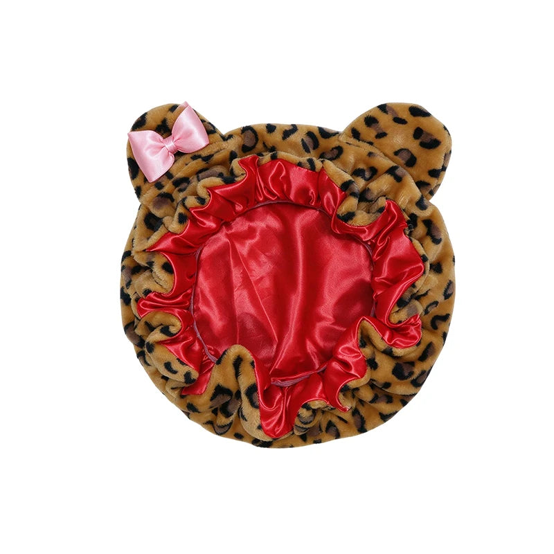 Cute Cat Ear Plush Satin Lined Hair Bonnet for Women Leopard Print Bow Sleep Cap Night Hat Curly Hair Protection Head Wrap
