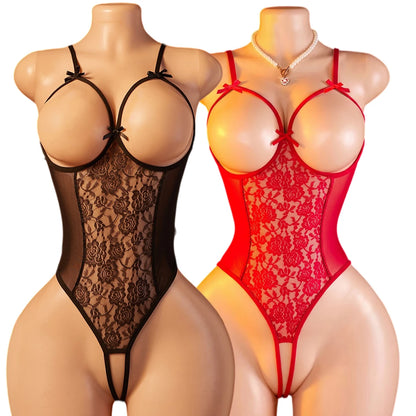 Women's Sheer Lace Mesh Teddy Bodysuit Lingerie