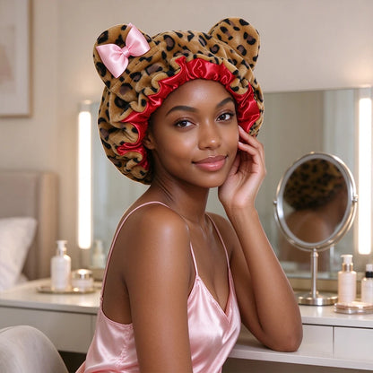 Cute Cat Ear Plush Satin Lined Hair Bonnet for Women Leopard Print Bow Sleep Cap Night Hat Curly Hair Protection Head Wrap