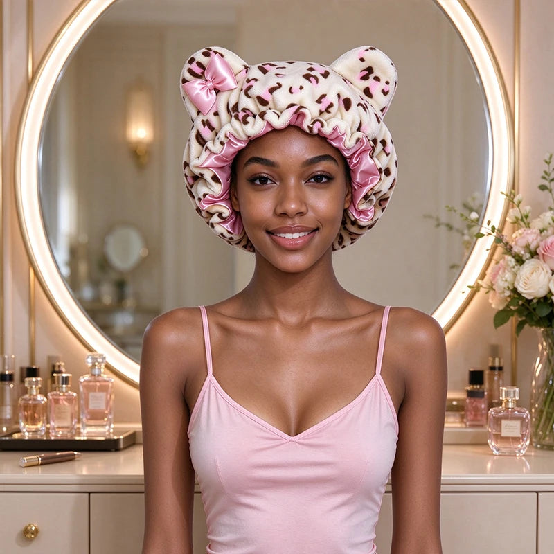 Cute Cat Ear Plush Satin Lined Hair Bonnet for Women Leopard Print Bow Sleep Cap Night Hat Curly Hair Protection Head Wrap