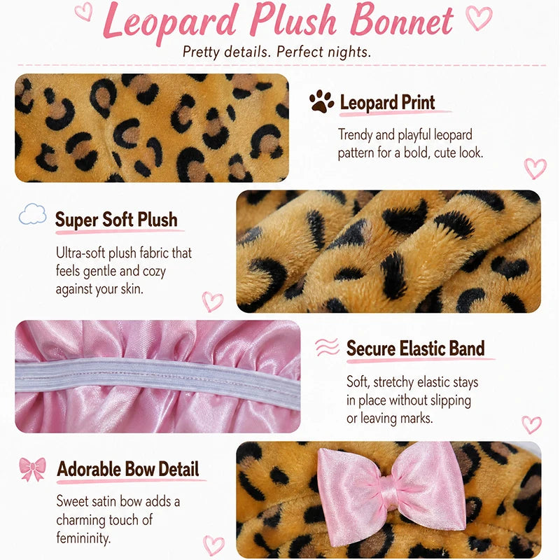 Cute Cat Ear Plush Satin Lined Hair Bonnet for Women Leopard Print Bow Sleep Cap Night Hat Curly Hair Protection Head Wrap