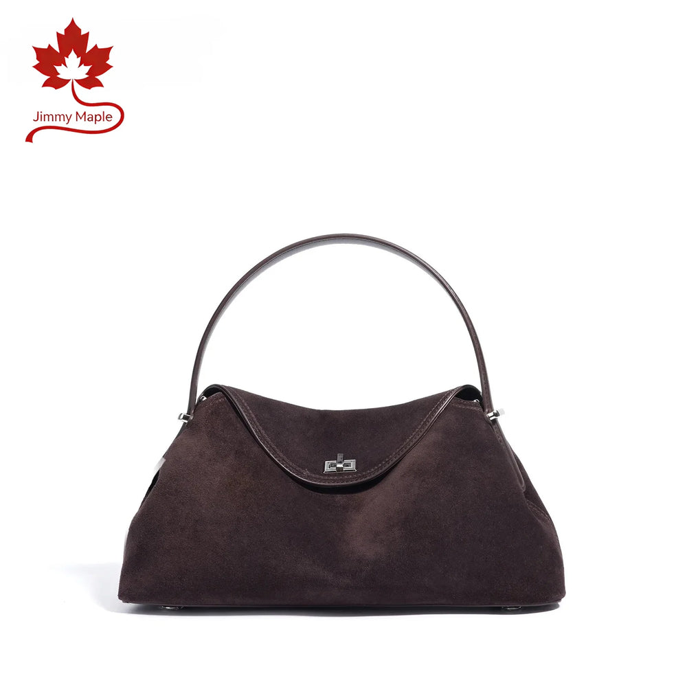 2026 Autumn Winter All-match Bowling Tote All-match Matte Suede Cowhide Leather Women Shoulder Bag Coffee Purple Noble Handbag