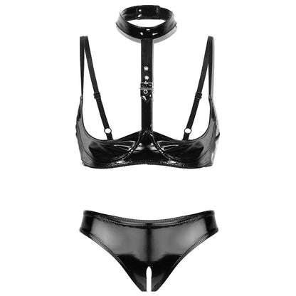 Women's Black Patent Leather Halter Lingerie Set