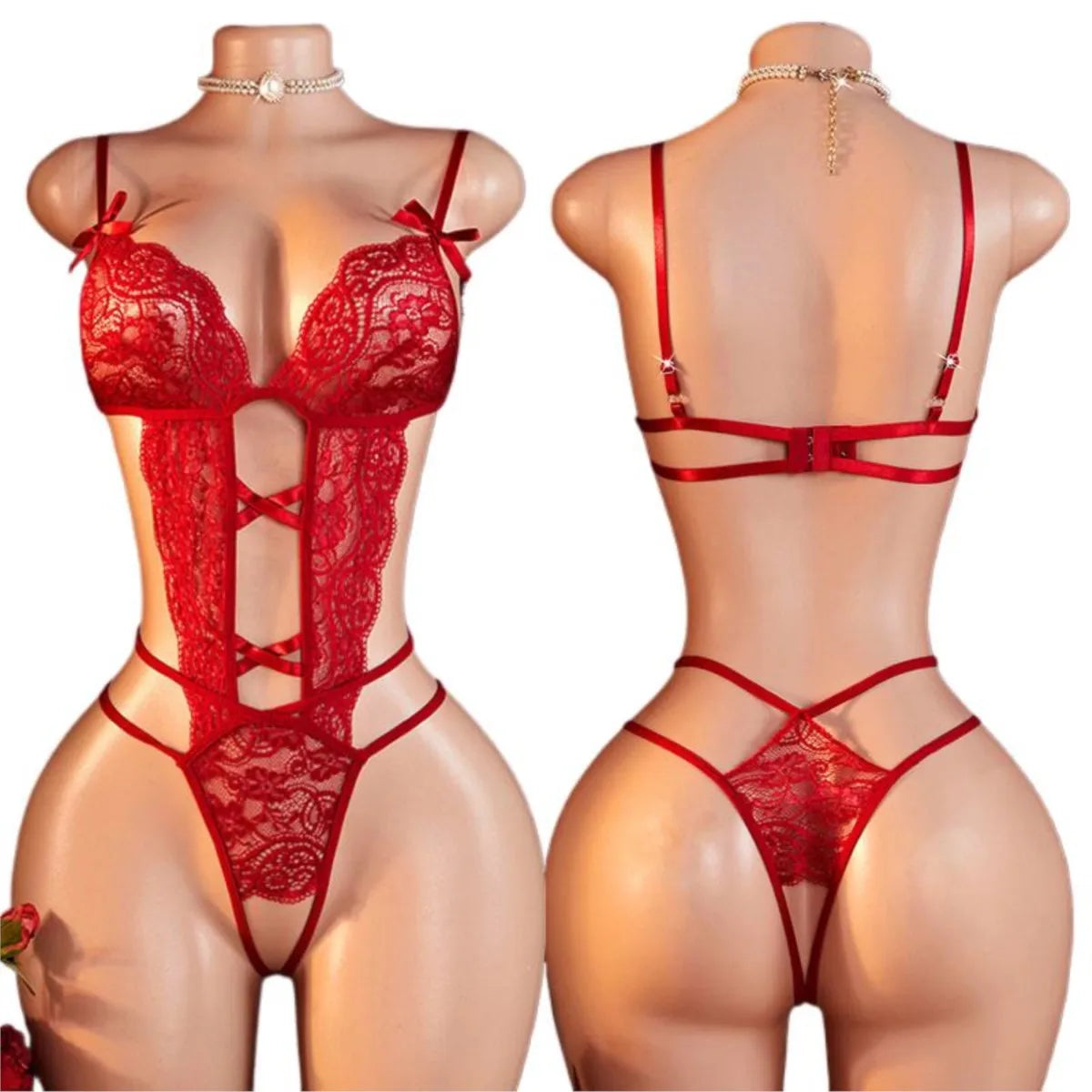 Women's Sheer Lace Deep V Teddy Bodysuit Lingerie