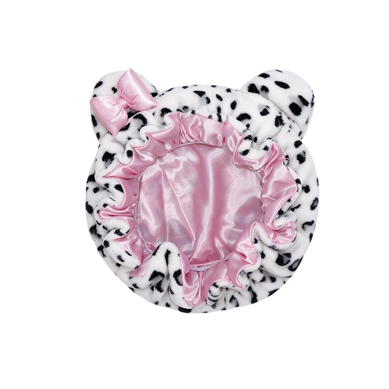 Cute Cat Ear Plush Satin Lined Hair Bonnet for Women Leopard Print Bow Sleep Cap Night Hat Curly Hair Protection Head Wrap