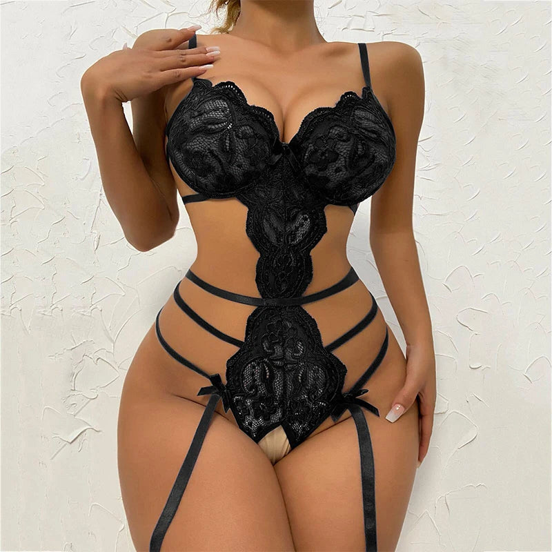 Lace Seamless Bodysuit Open Babydoll Open Pajamas Deep V Open Bra Crotchless Garter Set Hot Women's See-Through Sex Lingerie