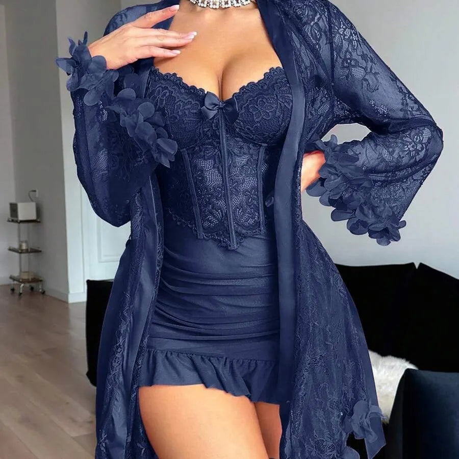 Women Floral Lace Robe and Cami Slip Set Elegant Nightgown Bridal Loungewear Pajama Set