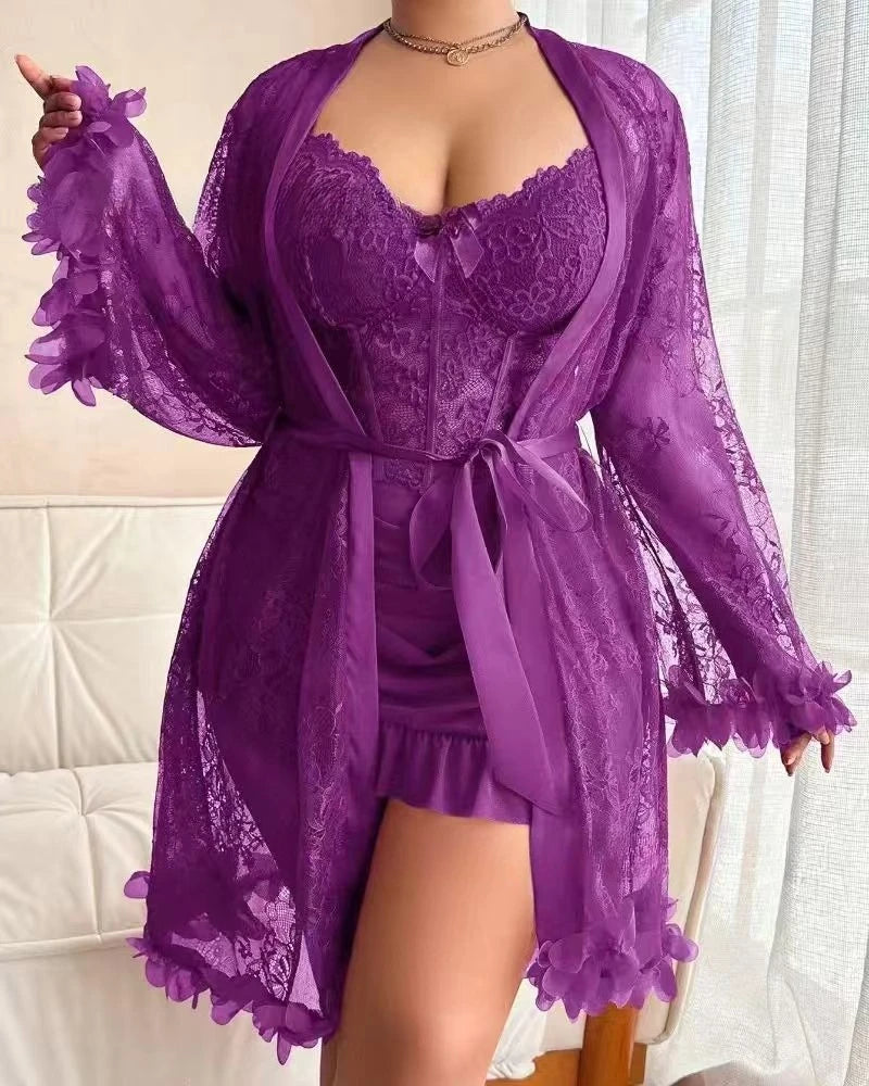 Women Floral Lace Robe and Cami Slip Set Elegant Nightgown Bridal Loungewear Pajama Set