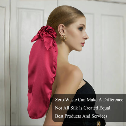 Satin Sleep Cap with Hair Bow Scrunchies, Soft Long Hair Bonnet for Long Hair, Hair Protector for Daily Use & Nighttime