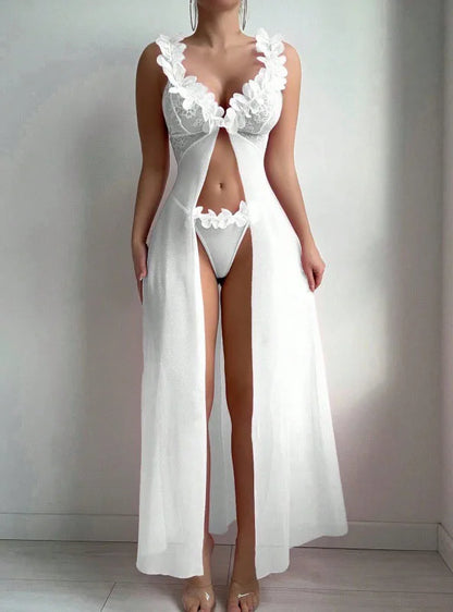 Women's Seduction Night 3D Floral Lace Lingerie Dress Nightgown Set + Thong, Intimate Apparel, Bedroom Attire Sleepwear Combo